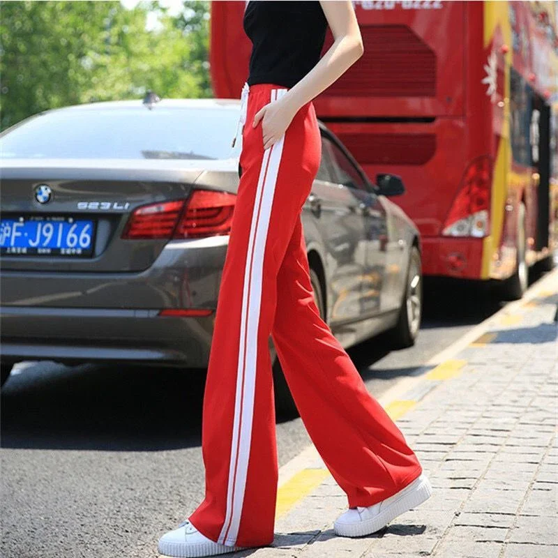 

Casual Red Baggy Flare Sweatpants Women Elastic High Waist Side Stripe Joggers Pantalon Korean Fashion Oversize Trousers Z108