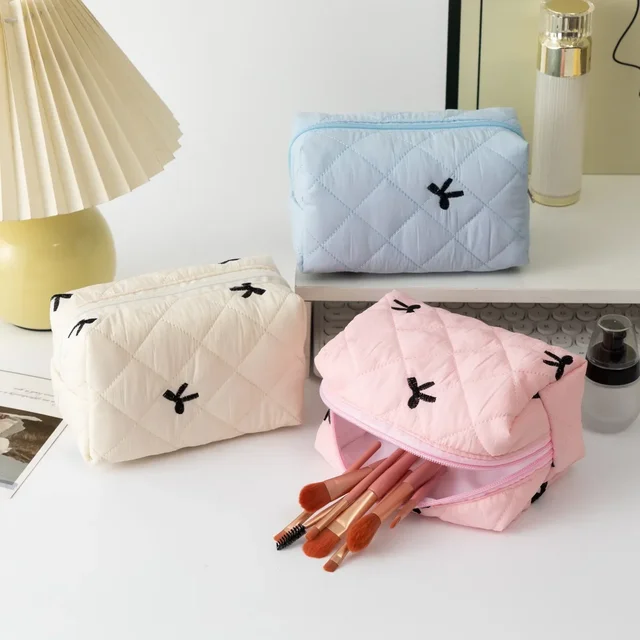Bow Embroidered Makeup Bag for Women Large Capacity Travel Cosmetic Toiletry Storage Bag
