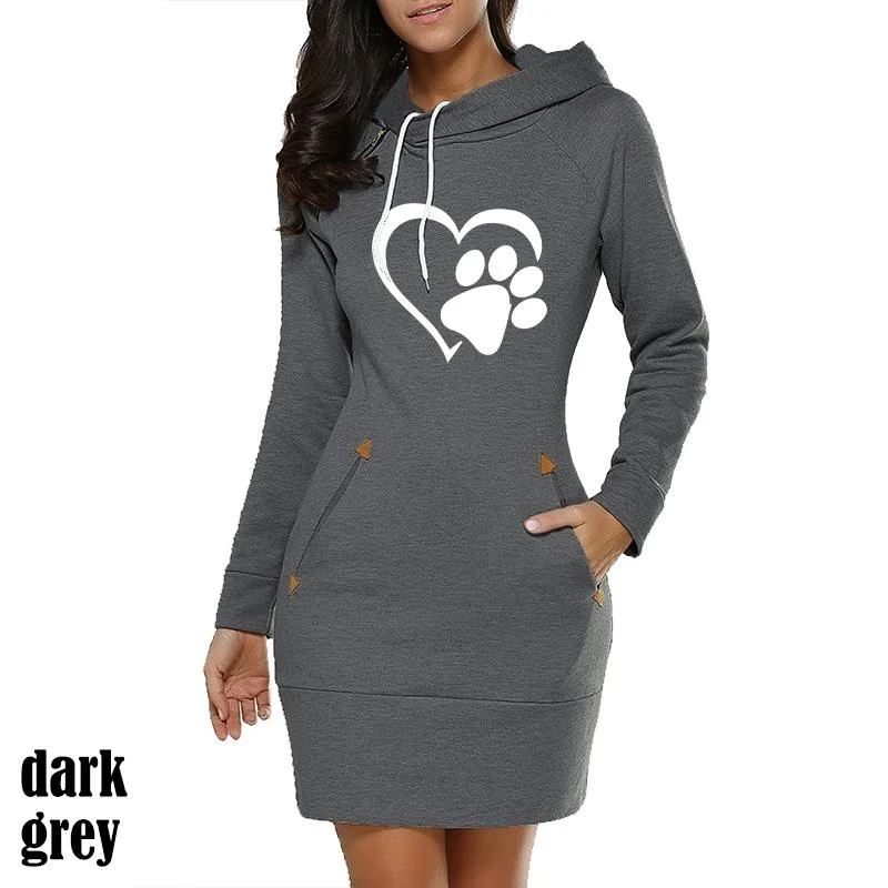 New Women's Hooded Cat Paw Print Long Sleeve Hoodie Casual Skirt Hooded Pullover Pocket Sweater Dress