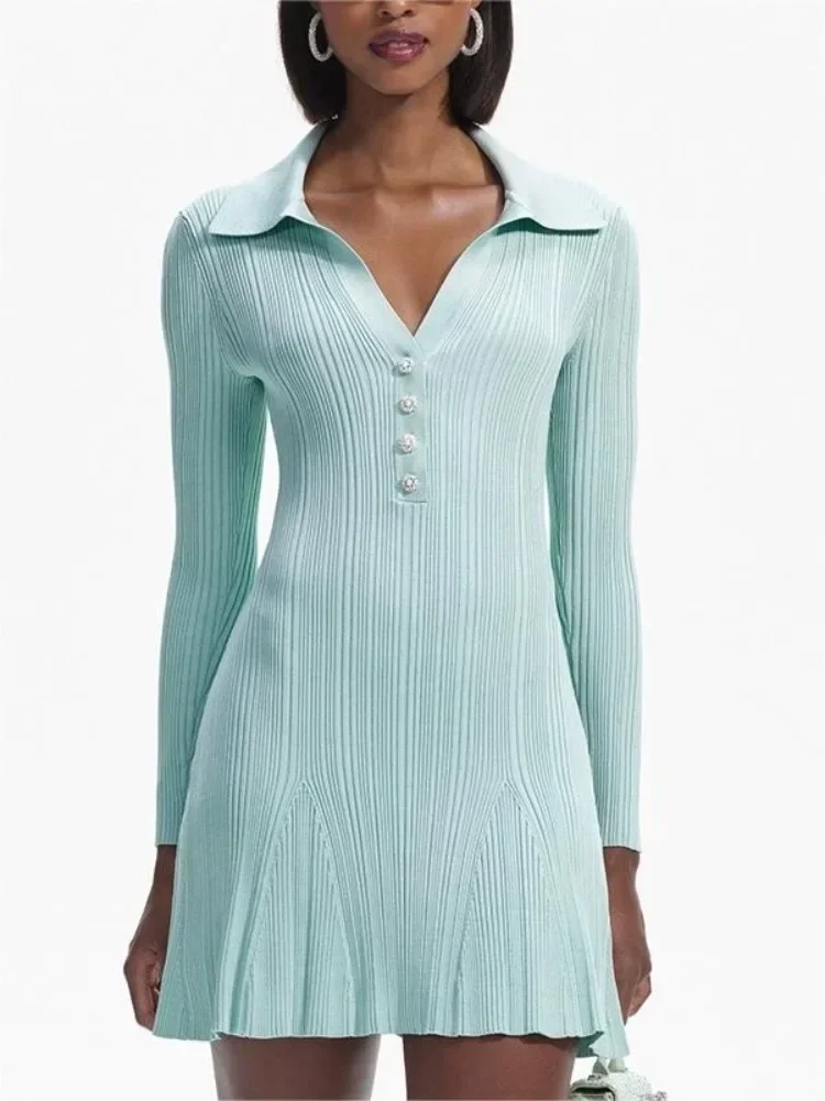 

Women Top Quality 2024 New Spring Lush Ribbed Knit Diamonds Buttons Baby Blue Flare Mini Dress