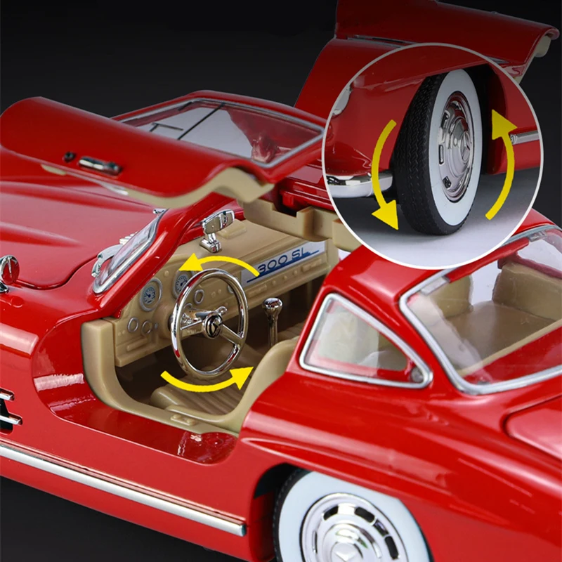 Фото Модель автомобиля из сплава 1:24 Benzs 300SL, литой металлический игрушечный классический автомобиль, модель автомобиля, имитация звука, фотоколлекция, детские подарки №3