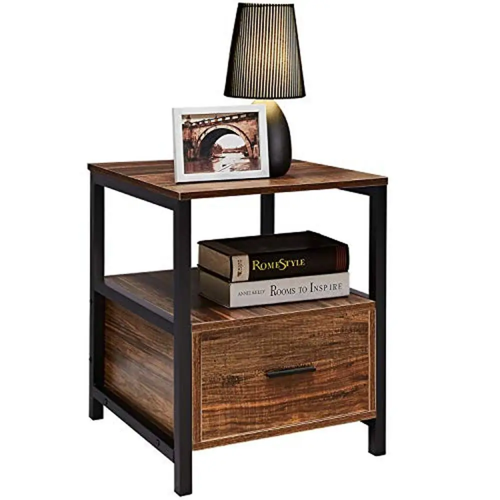 

Square Metal Frame Nightstand with Drawer and Open Shelf Bedroom End Side Table Small Spaces Rustic Brown Easy Assembly 17.7" x