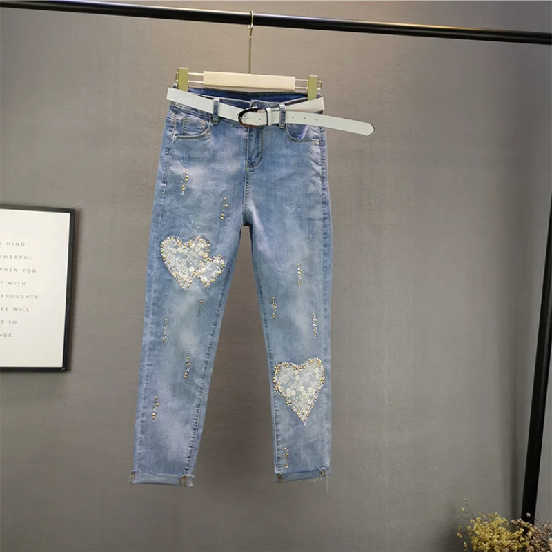 

Lightweight Women Jeans Autumn Winter 2022 High Waist Lace Rivet Solid Wide Leg Ankle Length Straight Female Clothing