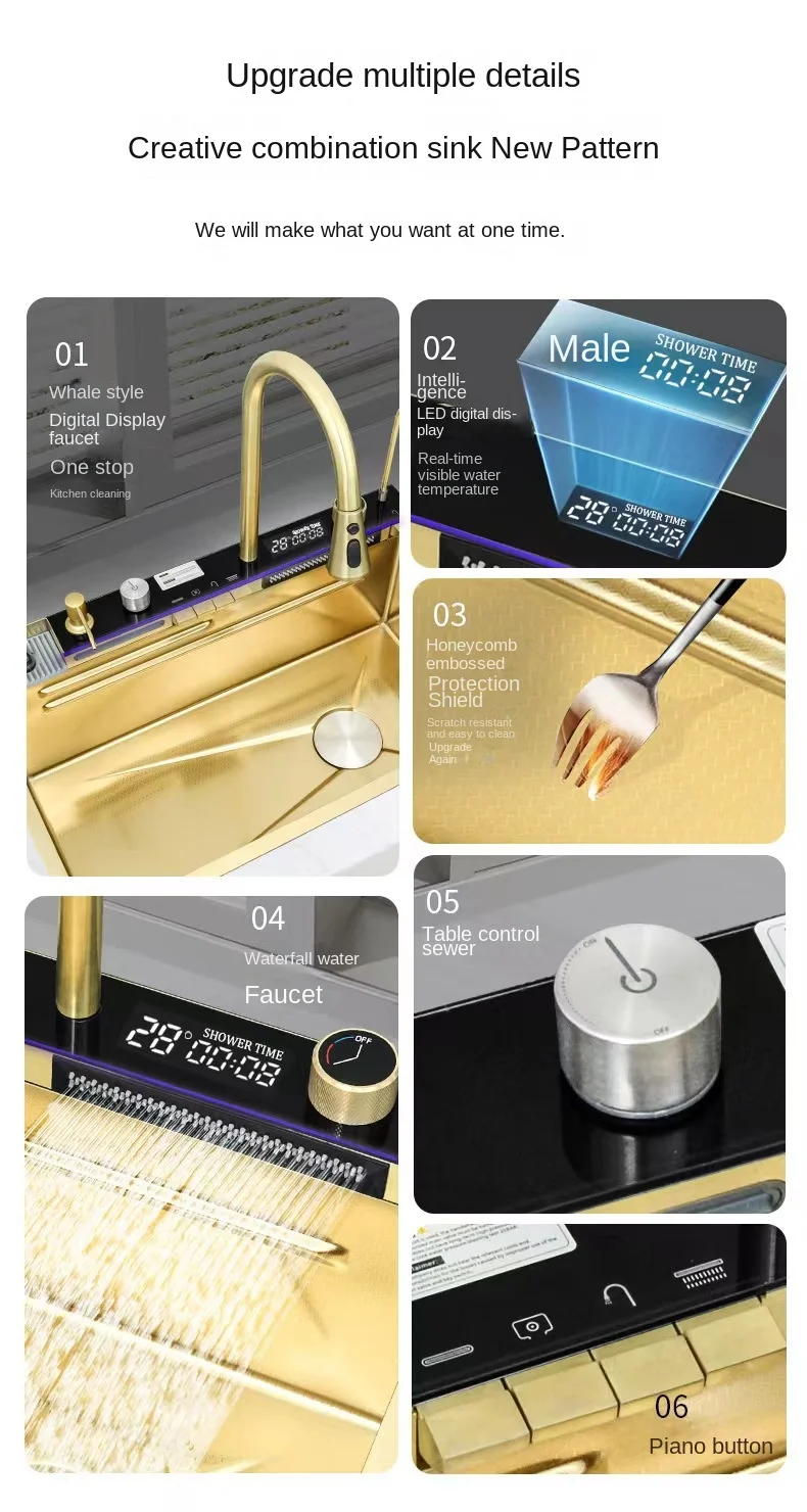 Kitchen Sink Gold Kitchen Sink Stainless Steel Sink Digital Vegetable Washing Basin Atmosphere Light Kitchen Large Single 75cmX46cm