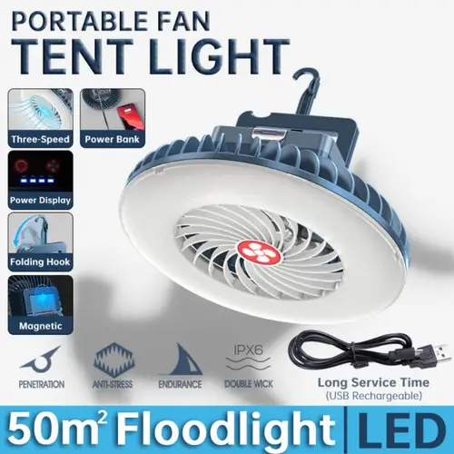 LED 텐트 팬 램프, 다기능 방수 충전식 캠핑 램프, 천장 팬 조명, 휴대용 하이킹 조명, 냉각 팬, 2in 1 3