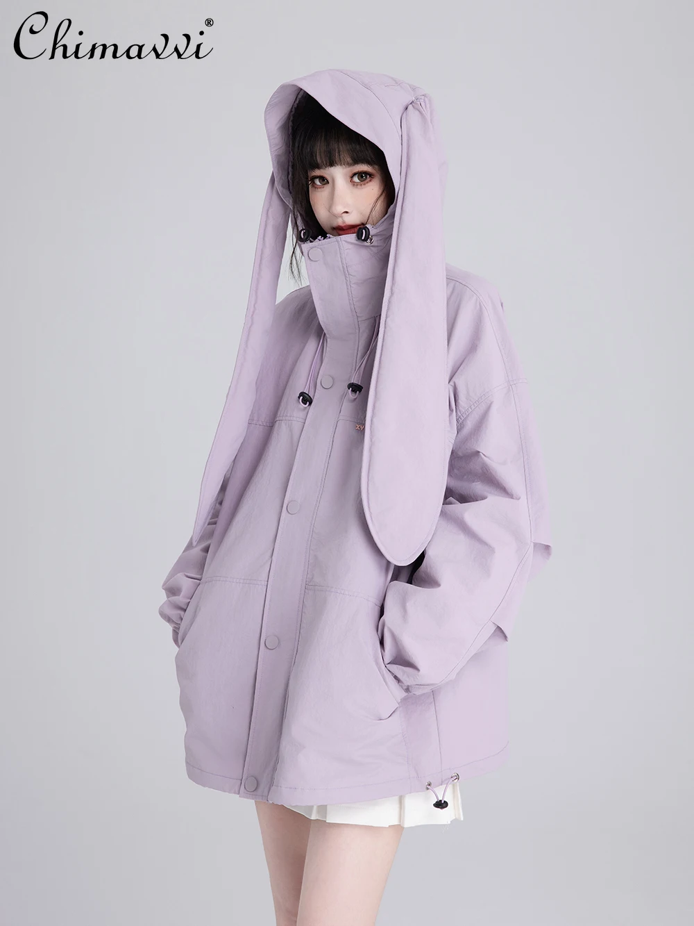 Pink/Gray Japanese Subculture Navy Collar Oversized Hooded Coat for Spring