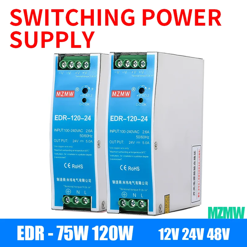 

75W 120W DIN Rail Switching Power Supply 12V 24V 48V AC/DC 100-240VAC Single Output Industrial EDR-75-12 EDR-120-12 EDR-120-24