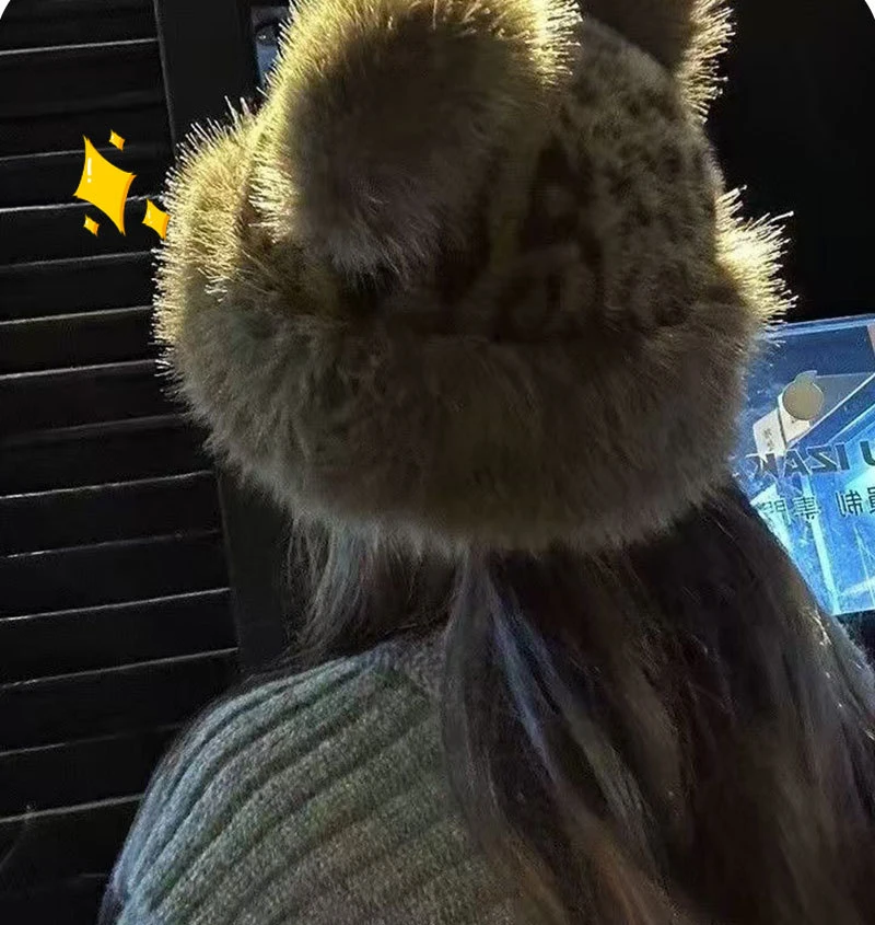 Retro Leopard Plush Ears Bucket Hat Thicken Plush Warm Fur Hat For Women Cold Snowy Day Panama Cap Plush Windproof Fisherman Hat