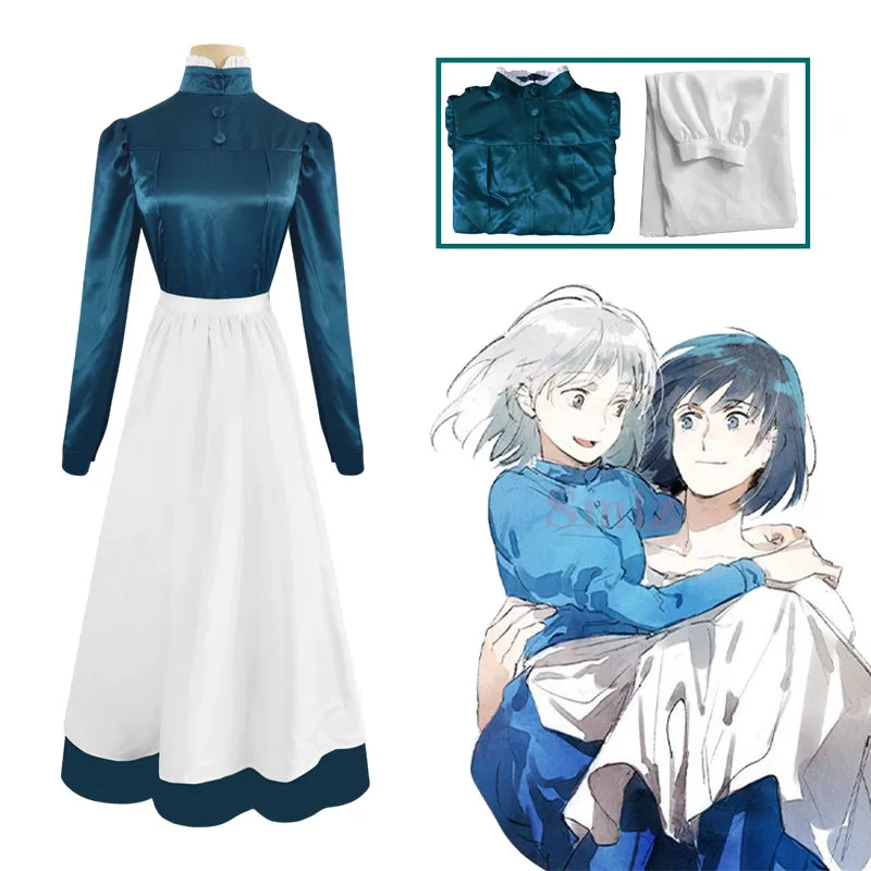 

Anime Howl's Moving Castle Cosplay Sophie Hatter Costume Long Dress apron Women maid Halloween Costume