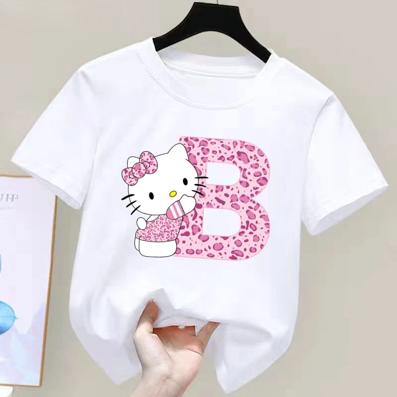 Hello Kitty Letter A-Z Children's Cotton Short-sleeved Top Sanrio Summer T-shirt Girly Heart Soft Clothes Kawaii Birthday Gift 2
