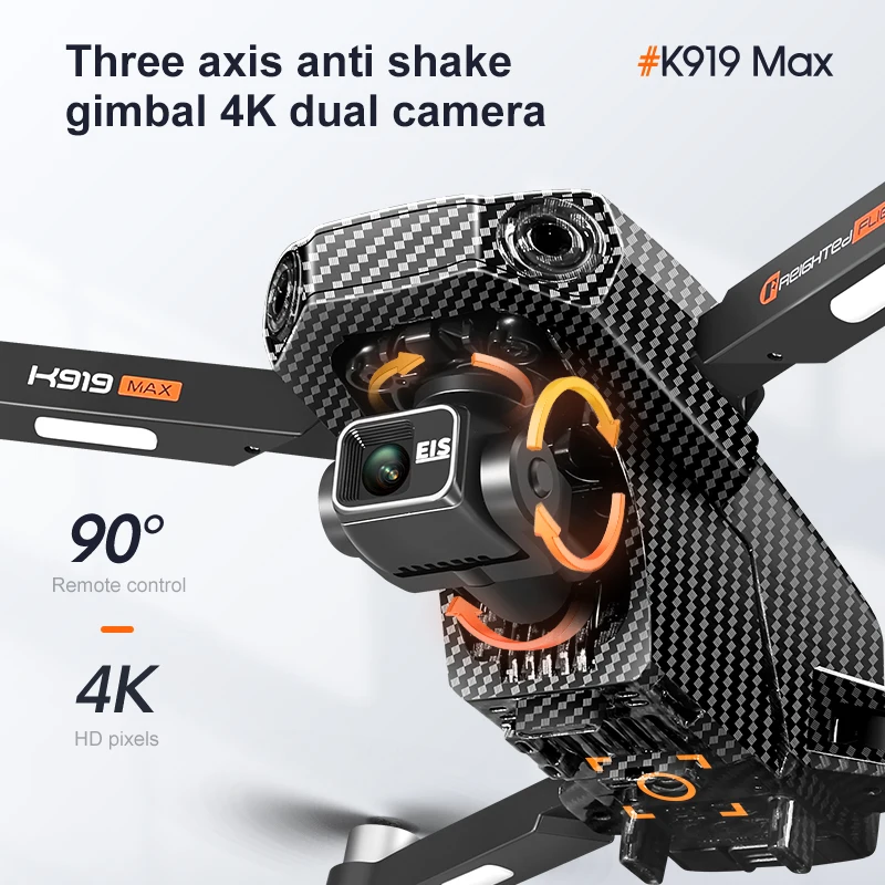 Drone GPS K919 MAX posé sur une surface, hélices dépliées, caméra 4K et stabilisateur 3 axes bien visibles
