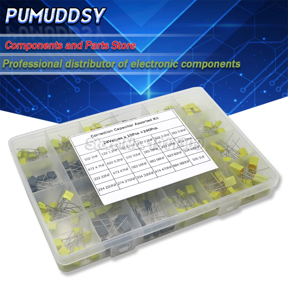 

240Pcs Correction Capacitor Assorted Kit 24Values x 10Pcs 63V-100V 102J-105J Polypropylene Safety Plastic Film Capacitors