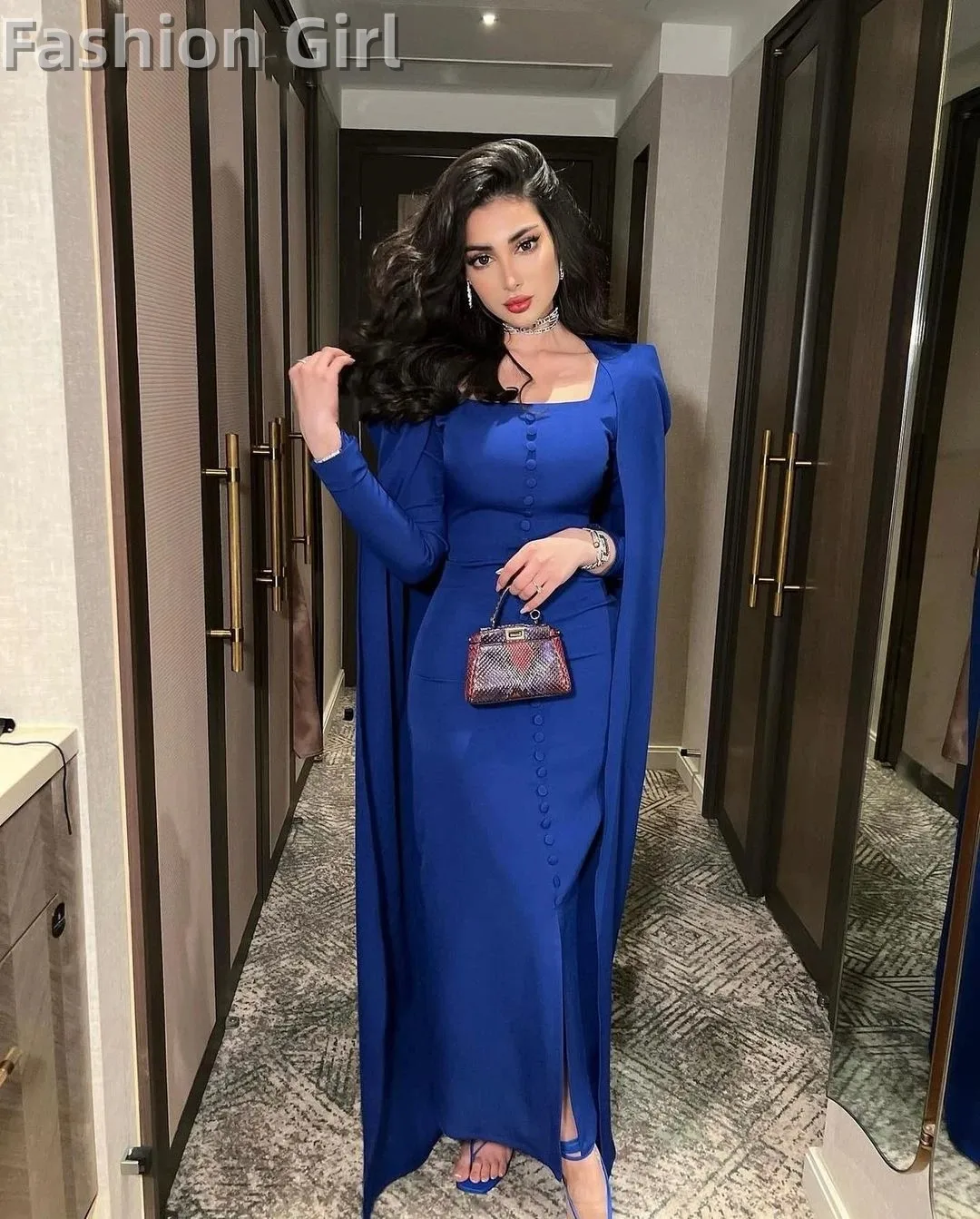 

2023 New Fortunate Evening Elegant Simple Blue Buttons Square Collar Floor Length Formal Occasion Prom Dress Evening Party Gowns