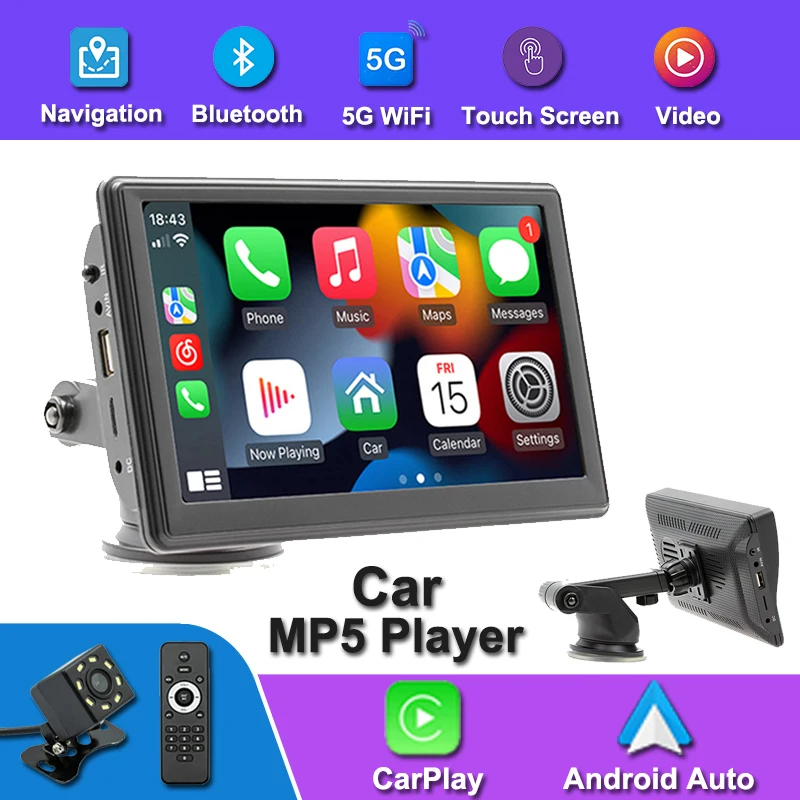 

7" Portable Wireless Carplay Bluetooth Android Auto Touch Screen Car MP5 Player Video Navigation Monitor Backacar Image B500W