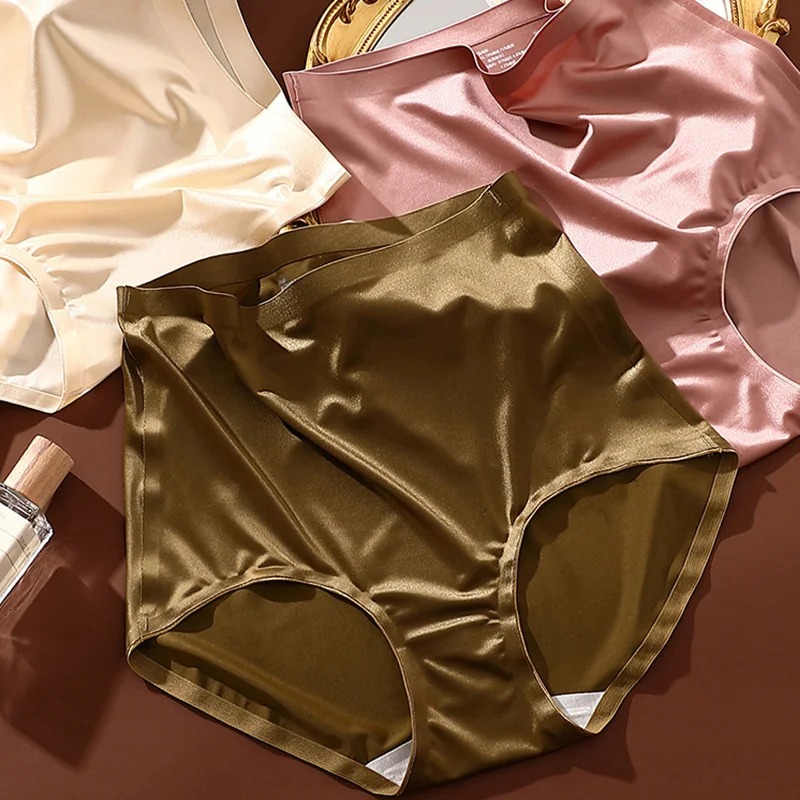 Luxury Satin Women Panties Mulberry Silk Crotch High Waist Seamless Underwear Tummy Control Anti-Bacterial Underpants Breifs