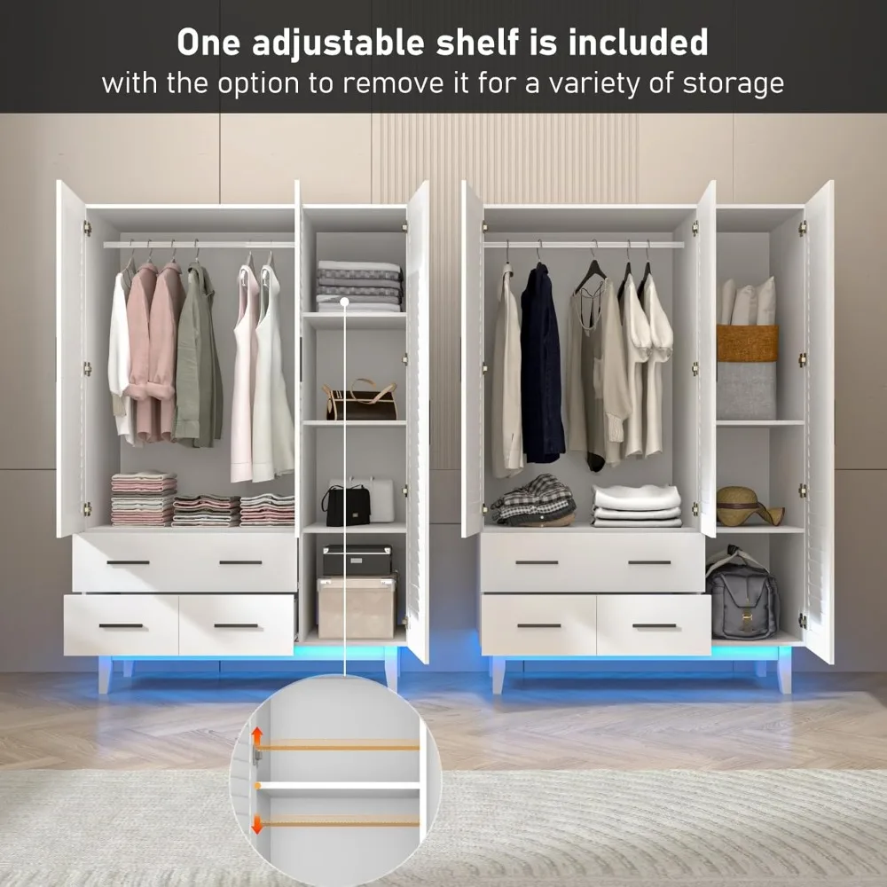 3 Door Armoire Wardrobe Closet Cabinet with Drawers and LED Lights, Multi-Tier Shelves, Hanging Rod & 3 Louver Doors 3
