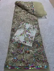 High Quality Beaded Lace Fabrics for Wedding Fabric Material White Bridal Lace with Sequins Luxury African Lace Fabric 5 Yards C