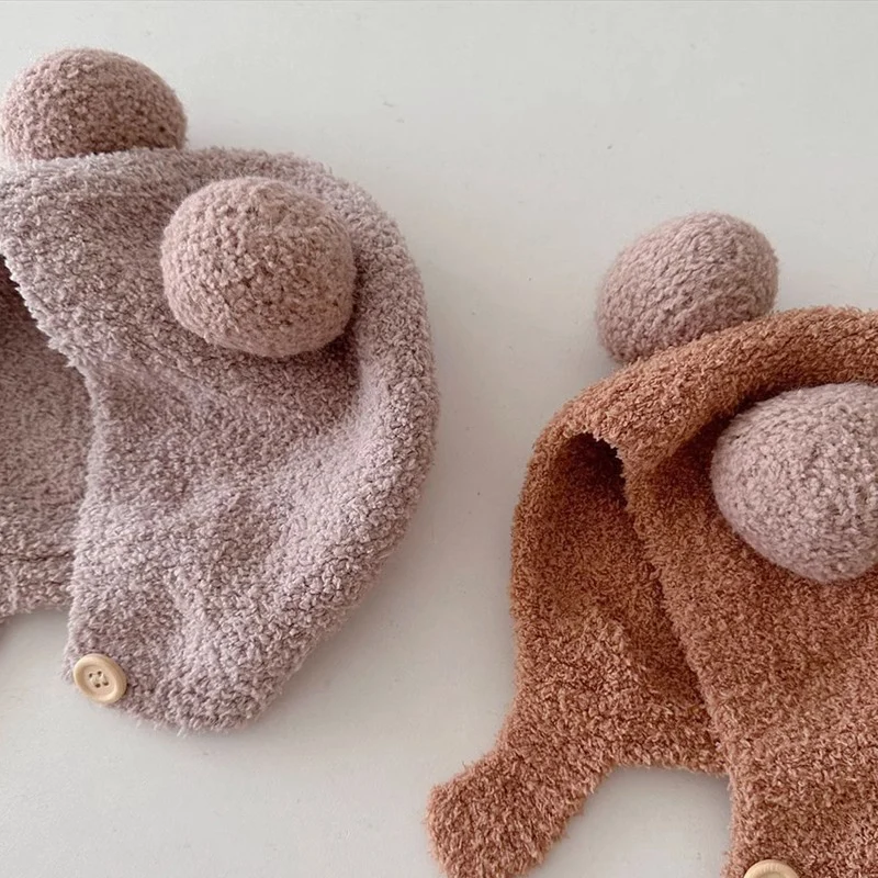 Infant Hat Baby Beanie Girl Boy Hat Fleece Wool Hemming Caps with Ball Autumn Winter Solid Wool Ear Protection for 4-24 Month