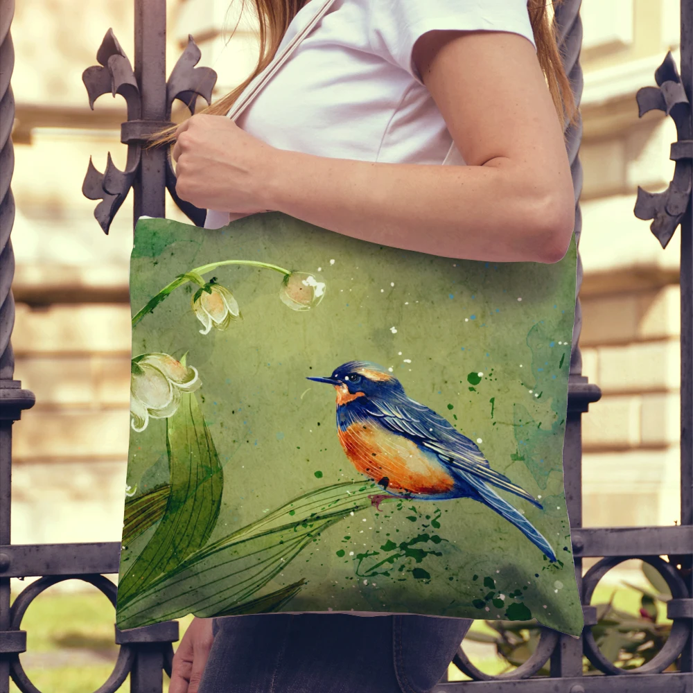 

Акварельная Детская сумка-тоут с животными из мультфильмов для девочек, Повседневная холщовая женская сумка через плечо для покупок с птицами