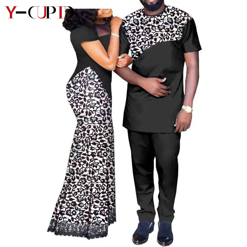 African Matching Outfit for Couples Bazin Riche Women Lace Long