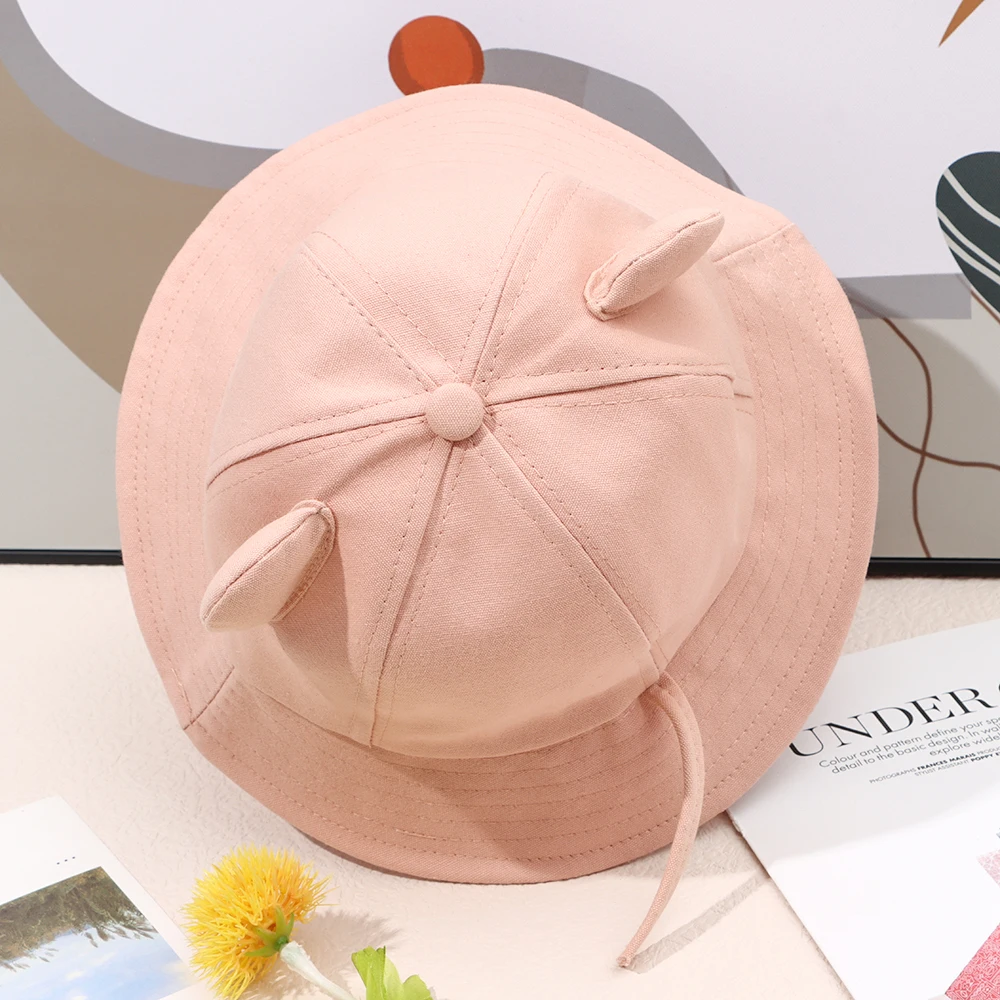 Women Cute Solid Color Cotton Bucket Hat Cute Cartoon Cat Ear Beach Hat Fisherman Sun Cap Kids Outdoor Travel