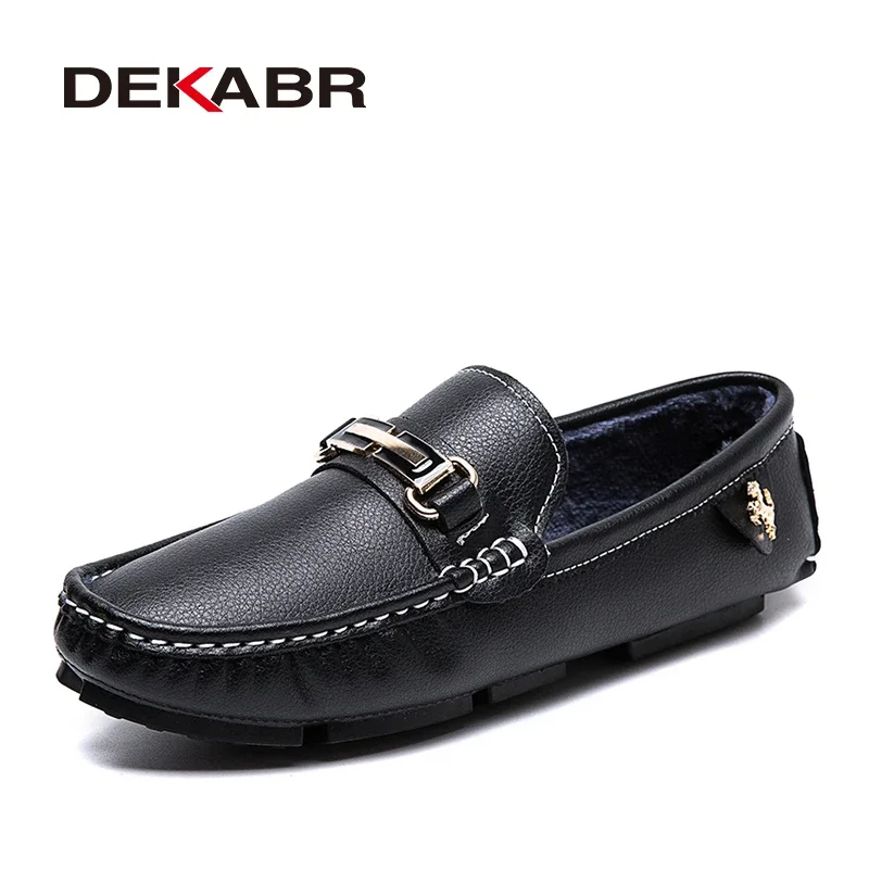 DEKABR Winter Warm Fashion Casual Driving Shoes Genuine PU Leather Slip-on Comfortable Breathable Fur Loafers Large Size 48