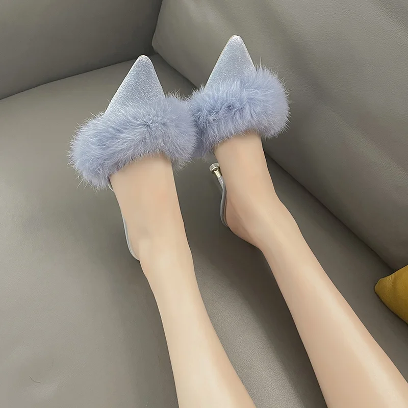 

Fluffy Slippers Baotou Half Slippers All-match Black Pointed Toe Small Heels Slender Heels Fashionable New Sandals and Slippers