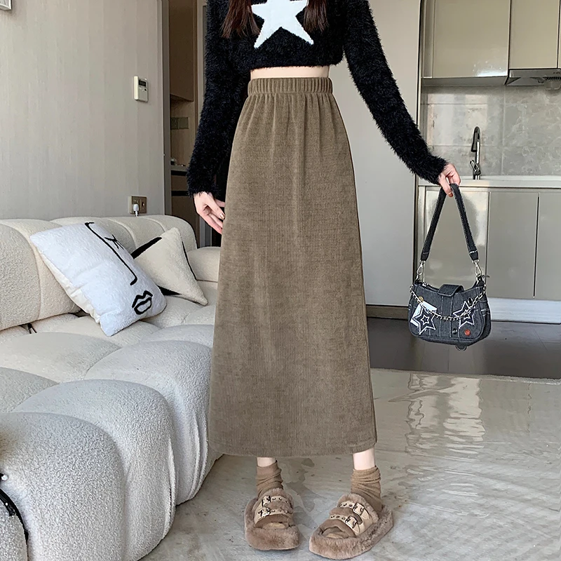 

Elegant Fashion Harajuku Slim Fit Female Clothes Loose Casual All Match A-line Wrapped Hip Skirt Solid High Waist Split Skirt