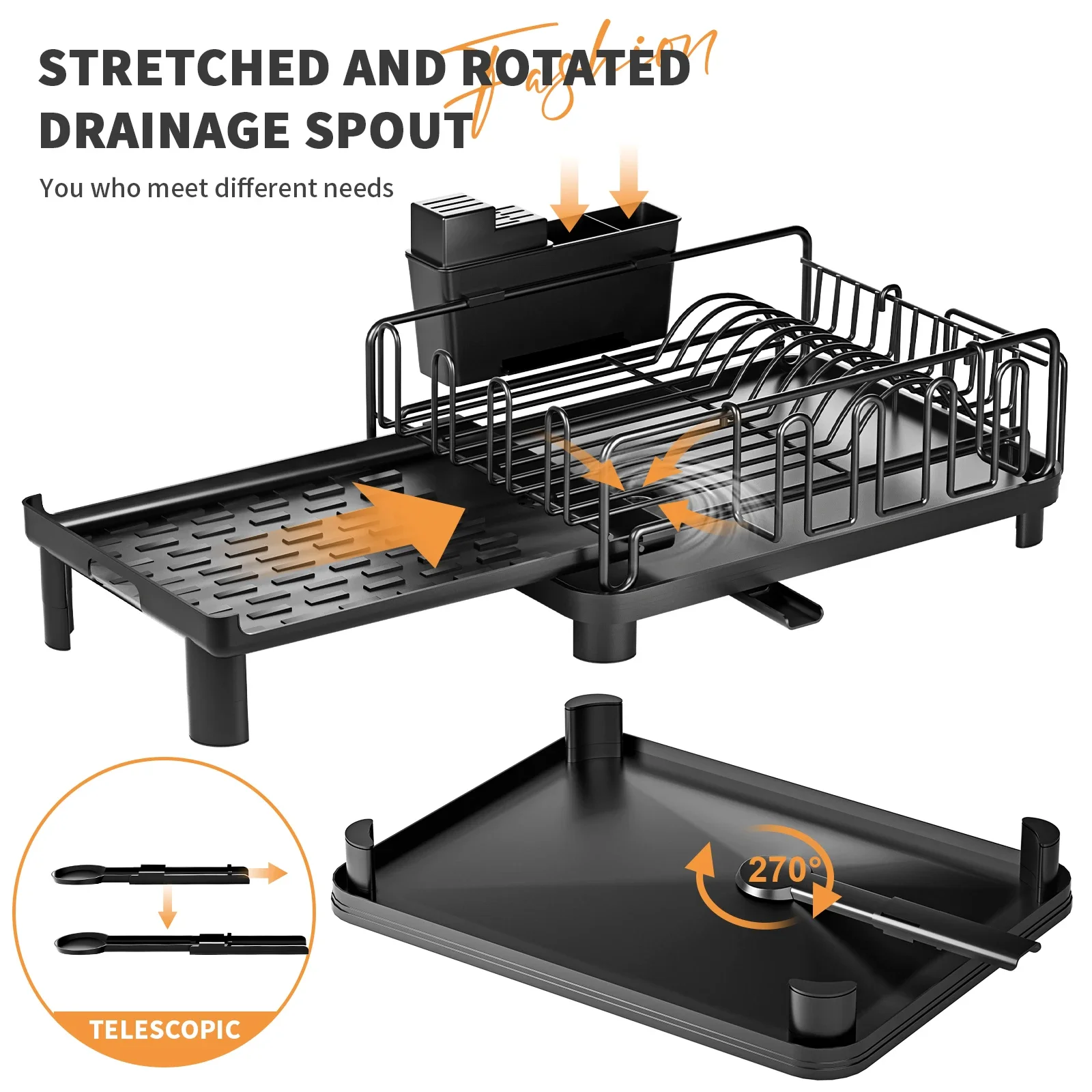 Expandable Dish drying rack Kitchen sink storage rack with drained board Countertop Space-saving Black 6