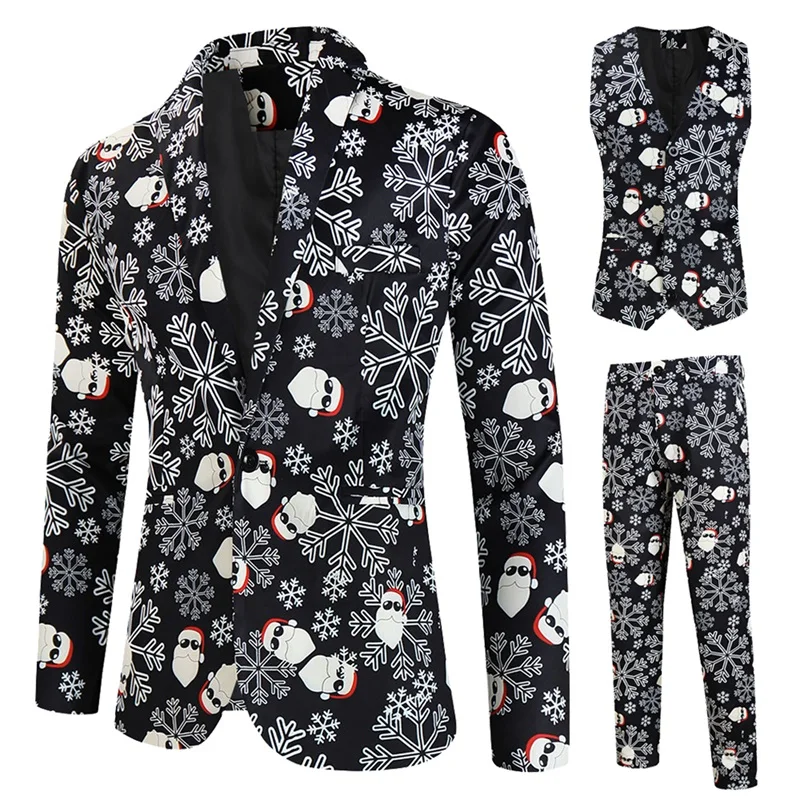 Men Christmas Suit Long Sleeve Single Breasted Jacket with Vest Pants Set Formal Outfit