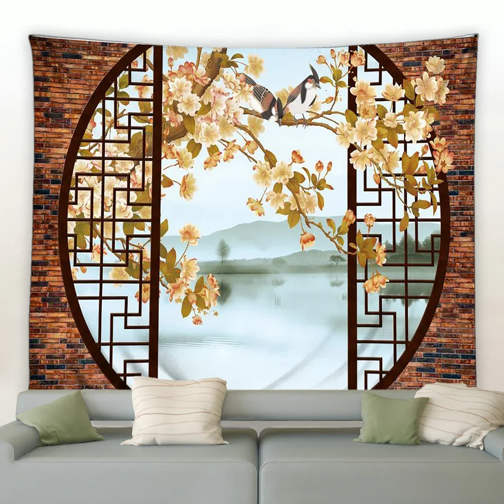 

Chinese Style Retro Landscape Tapestry Modern Background Wall Hanging Decoration Blanket for Bedroom Living Room Garden Backdrop