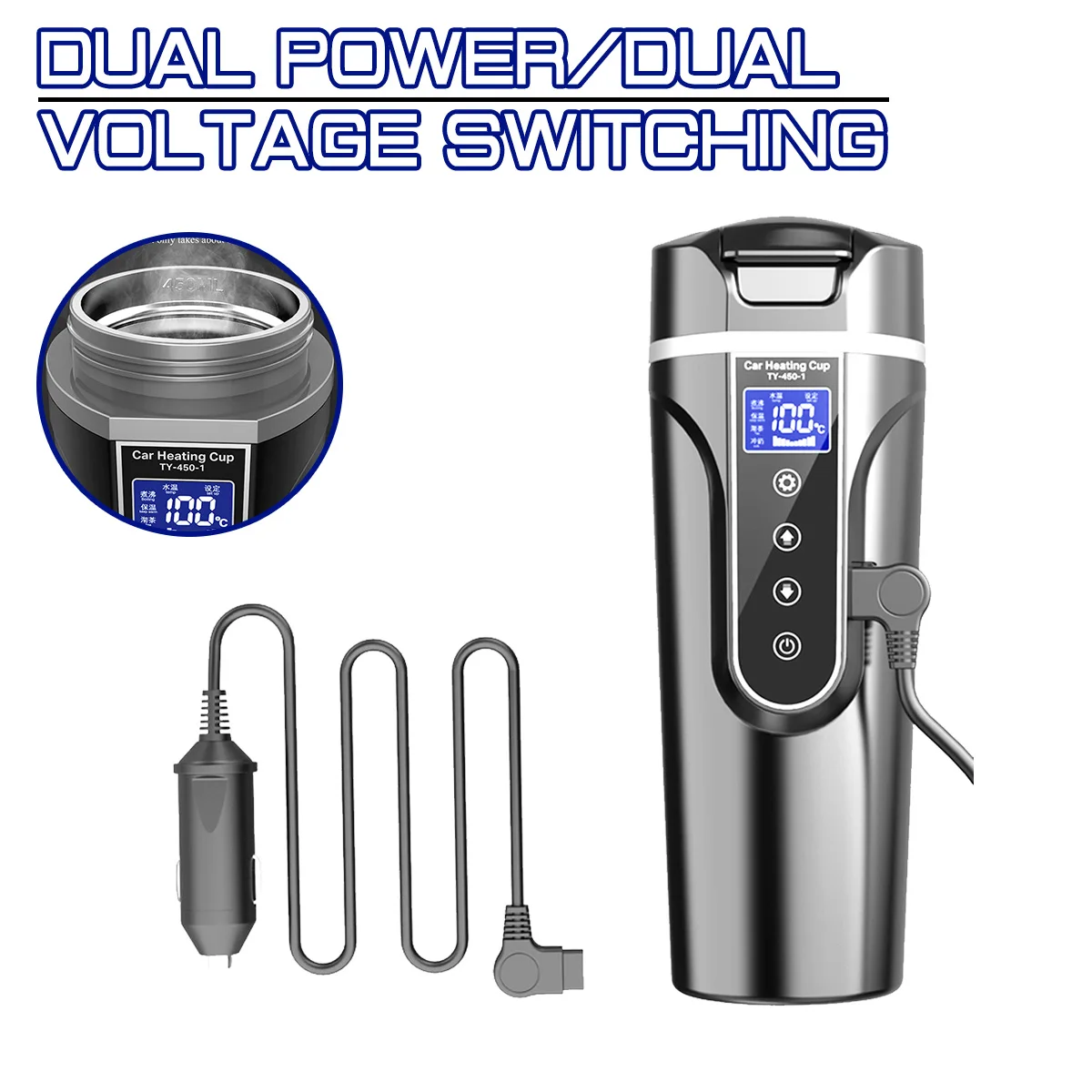 

450ml DC 12V/24V Stainless Steel Car Heating Cup Electric Water Cup LCD Display Temperature Kettle Coffee Tea Milk Heated