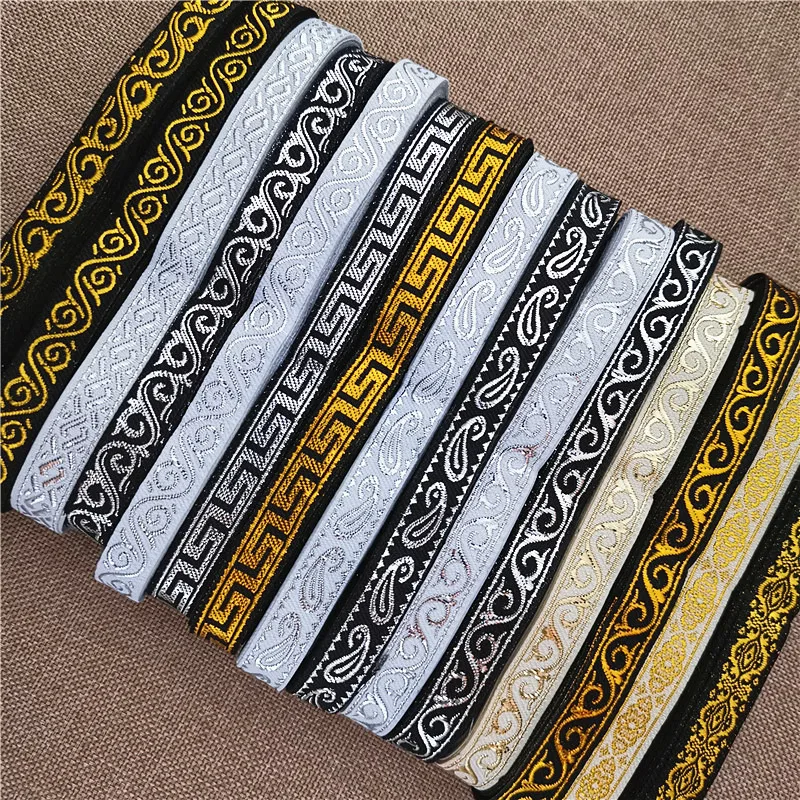 1CM 7Yards Gold Silver Glitter Black White Vintage Ethnic Embroidery Ribbon Boho Lace Trim embroidery ribbon