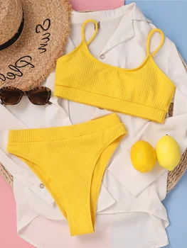 Sexy Solid Yellow Bikini Mujer High Cut Pleate Women's Swimsuit Separate Beach Bathing Suit High Waist 2