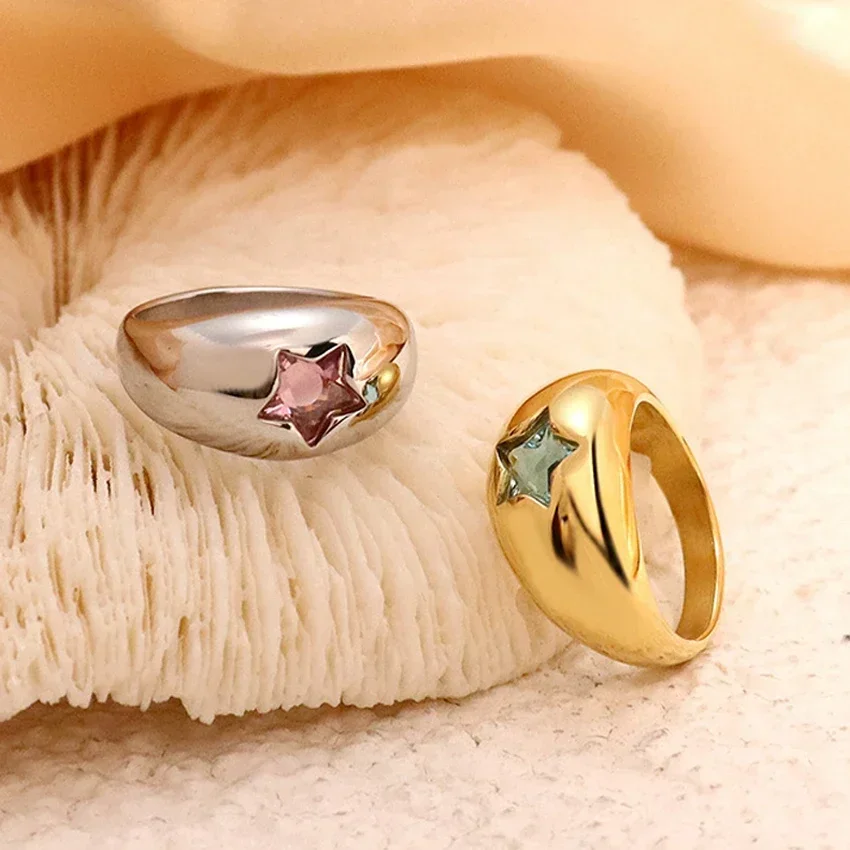 Blue Pink Crystal Glossy Dome PVD Stainless Steel Rings for Women Cute Star Inlaid Zircon Chunky Ring Unique Jewelry Accessories
