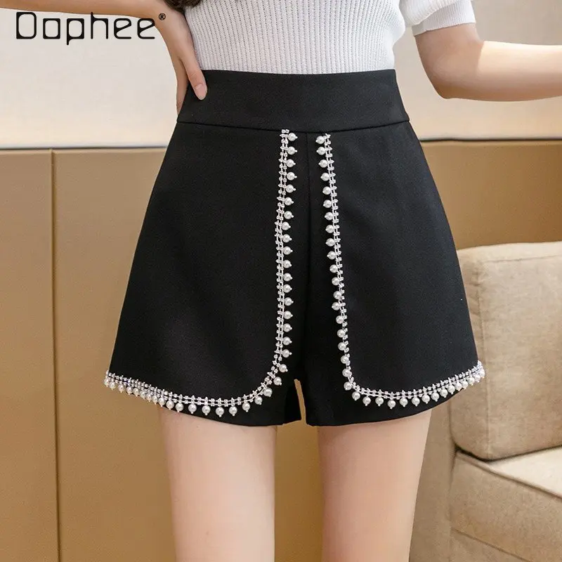 Oversize Popular Heavy Industry Beads Casual Shorts Women's High Waist Loose Wide Leg Pants Fashionable with Side-Slit Culottes