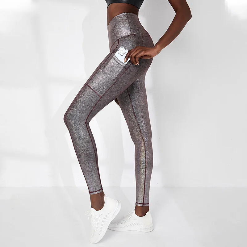 Shiny Yoga Pants Pocket Glitter High Waist Slim Hip Push Sexy Leggings