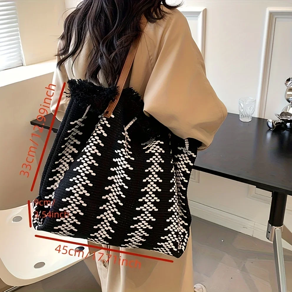 Chic Striped Canvas Tote Bag with Fringe Detail - Spacious Shoulder Handbag for Beach & Shopping, Machine Washable