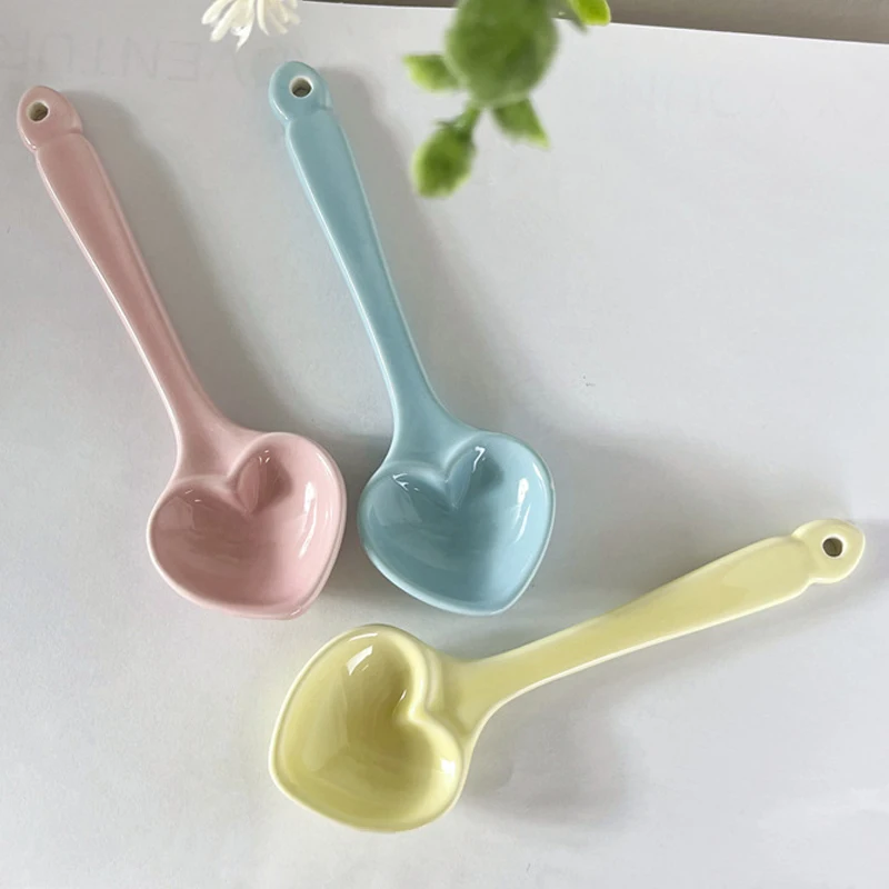 마카롱 컬러 러브 세라믹 스푼, 간편한 청소, 하트 모양, 주방 용품, 커피 스푼, 부드럽고 유약 내구성, 편리한