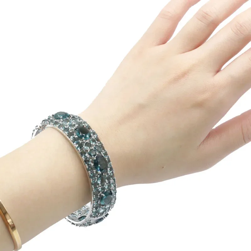 43g 925 SOLID STERLING SILVER Bangle Customized BRACELET Big Heavy Tanzanite London Blue Topaz Rhodolite Garnet Woman's 7.5inch