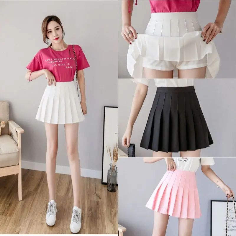 Pleated Skirt with Pockets Women's Autumn Yellow Preppy Style Elastic High Waist A- Line Slimming Black Kawaii Mini Short Skirt