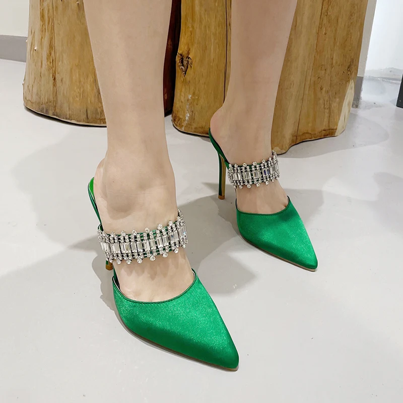 Summer Pointed Silk Rhinestone Strap Women's Sandals Slippers Hollow Slip On Slides Solid Color Fashion Sexy Dress Shoes Pumps