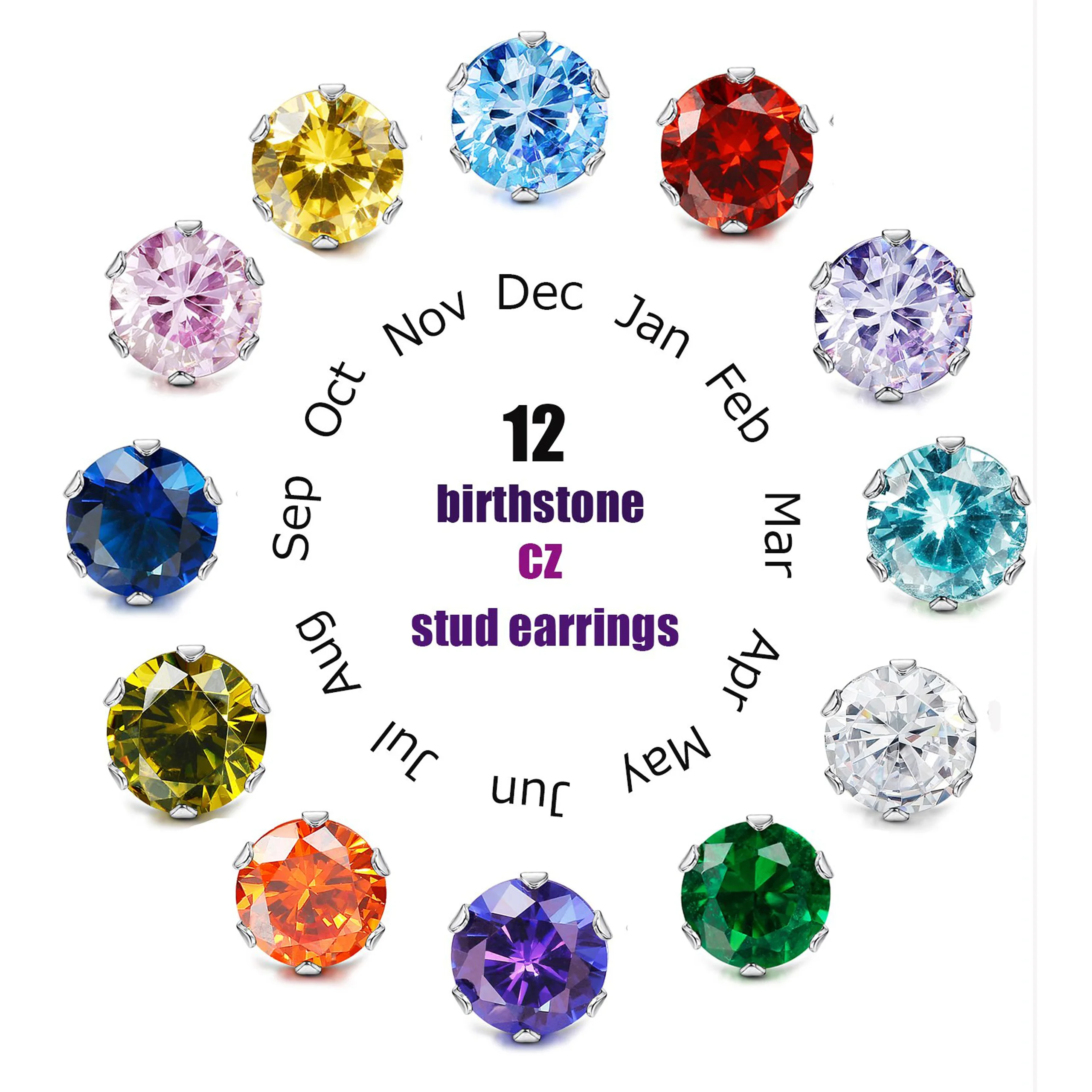 1-12 Pairs Stainless Steel Sparkling Brilliant Cut Round Cubic Zirconia Birthstone Stud Earrings for Women Men Size 3-8mm 2