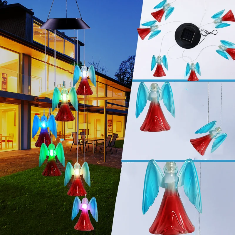 Solar Powered Fairy Angel Wind Chime Light, 6 LED Colored Hanging Transparent Fairy Angel Garden Decorative Lights