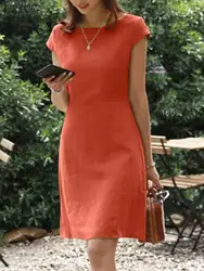 ZANZEA Female O-Neck Zipper Short Sleeve Sundress Summer Woman Solid Dress Stylish Elegant Work OL Vintage Loose Midi Dresses