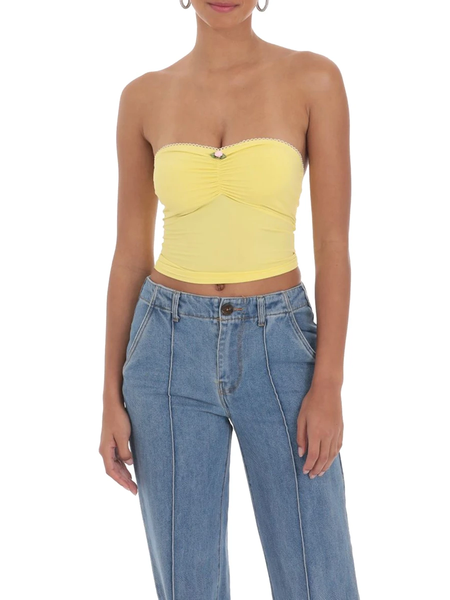 

Mini Rosette Ruched Tube Tops Bandeau for Women Summer Strapless Solid Color Show Navel Cropped Tops Y2K Grunge Vest Streetwear