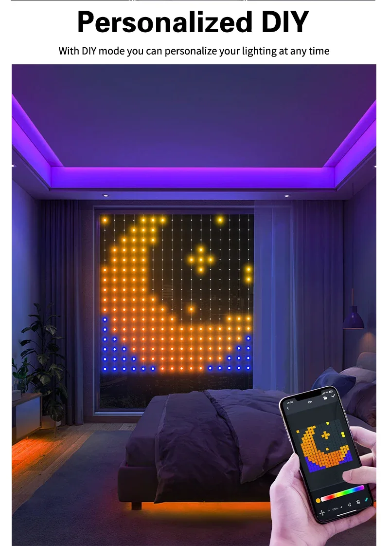 Description Picture 5 of item5V USB WS2812 IC RGB LED Window Curtain Light Smart APP Control Dream Color Fairy Light for Holiday Football Party Outdoor Decor