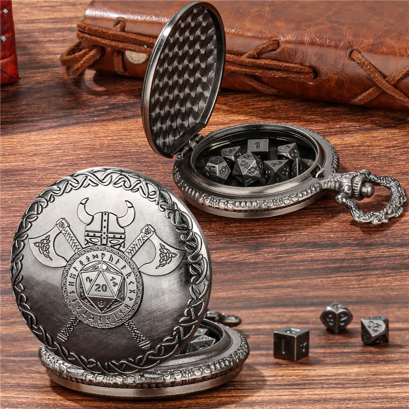 7Pcs Tiny Metal Polyhedral Dice Set Table Role Play Gaming Accessory Retro Helmet Double Axes D20 Pocket Watch Case Fob Chain