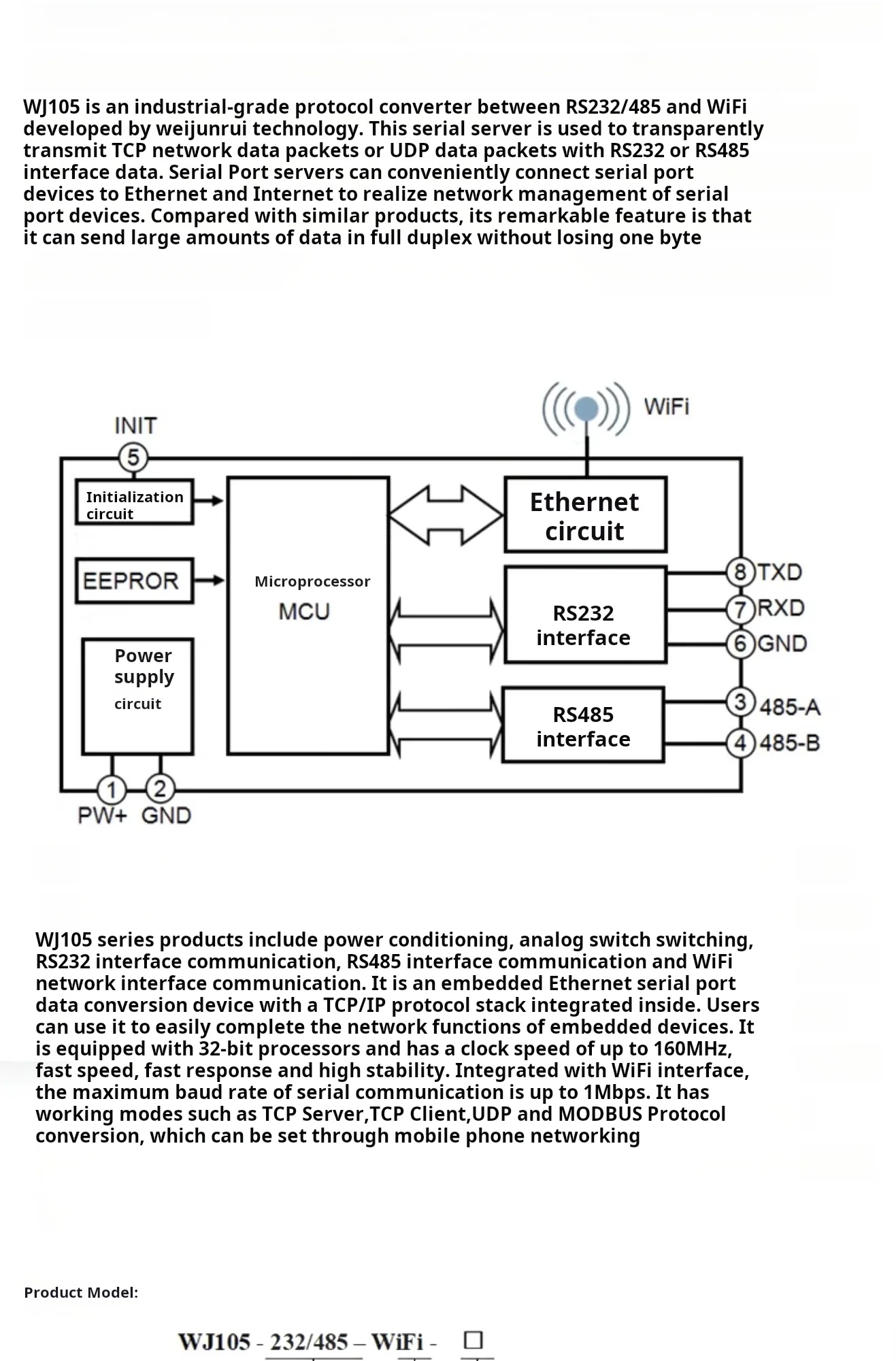 Modbus RTU to Modbus TCP Module RS232/485 to WiFi Module WJ105 intelligent