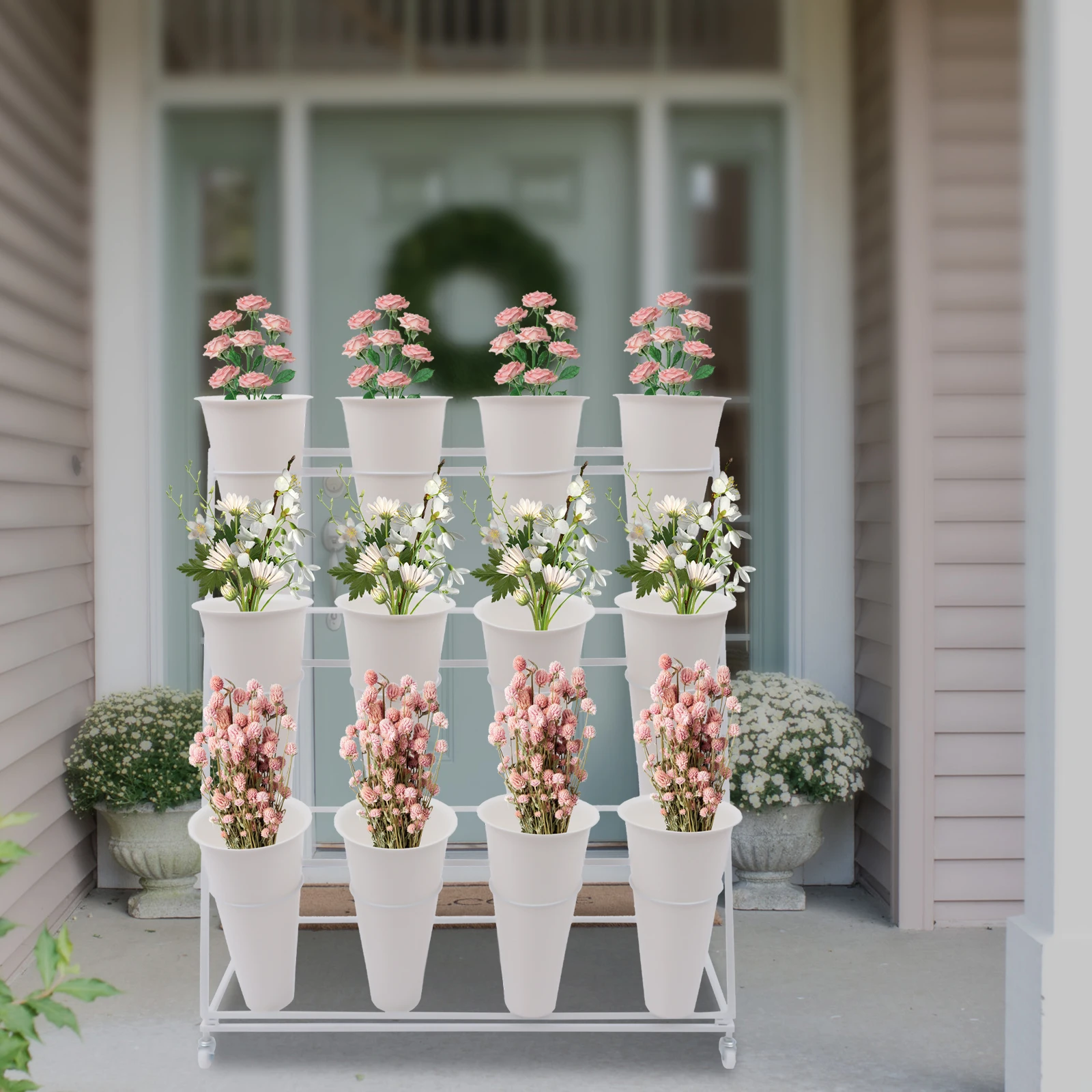 3 Layers Flower Display Stand Movable Modern Metal Plant Shelf with 12Pcs Flower Buckets & Wheels for Home Garden Patio Balcony plant stand